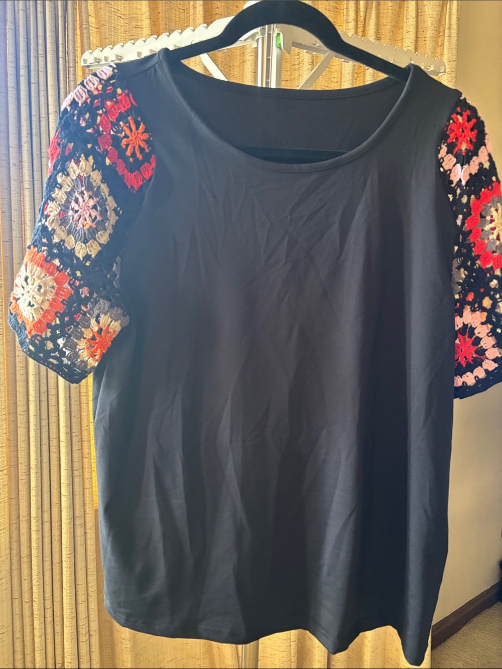 Black Top with Multicolor Crochet Short Sleeves